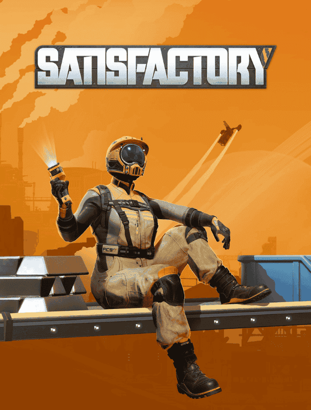 A pioneer in a yellow suit sitting on a factory beam, representing dedicated Satisfactory game server hosting.