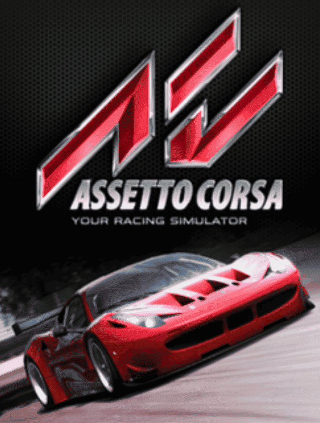 A red sports car racing on a track under the Assetto Corsa logo, representing high-performance racing server hosting.