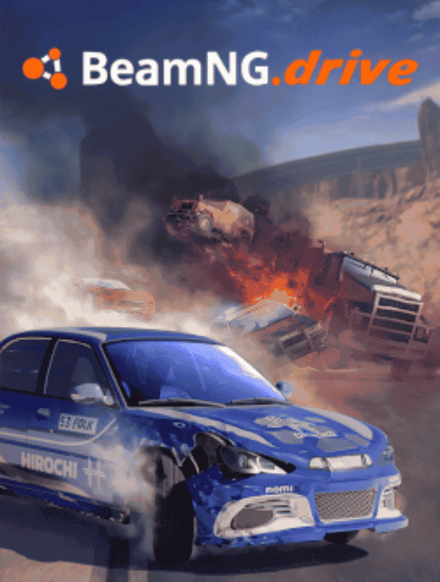 A blue car drifting while a truck crashes in the background, representing BeamNG.drive multiplayer server hosting.