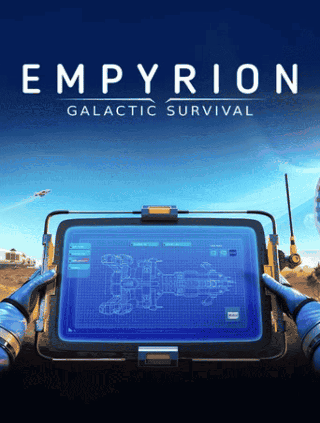 A player holding a tablet displaying a spaceship blueprint, representing Empyrion Galactic Survival dedicated server hosting.