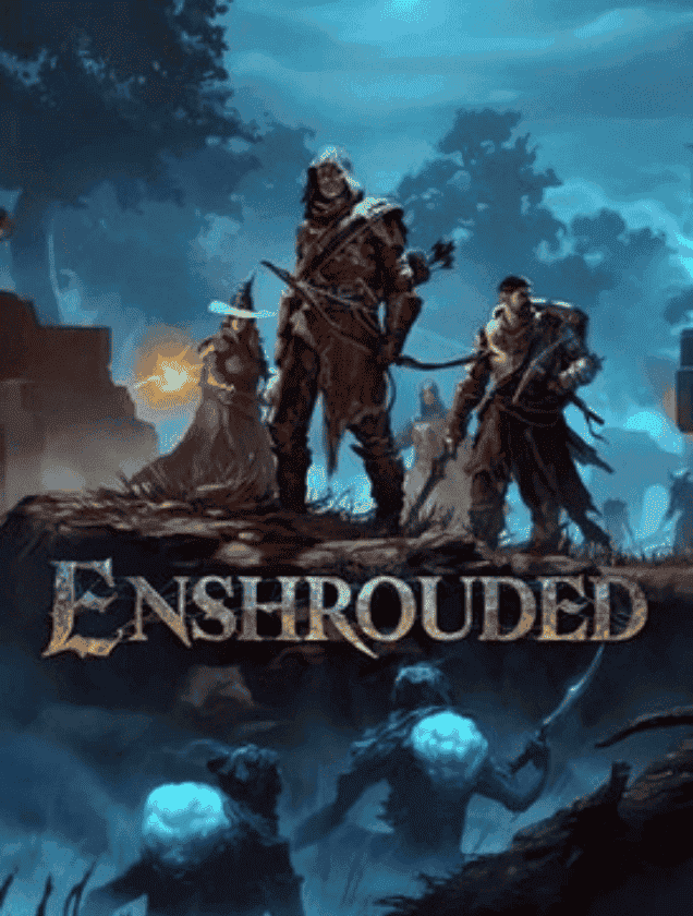 Three fantasy adventurers looking at glowing enemies in the mist, representing Enshrouded co-op server hosting.