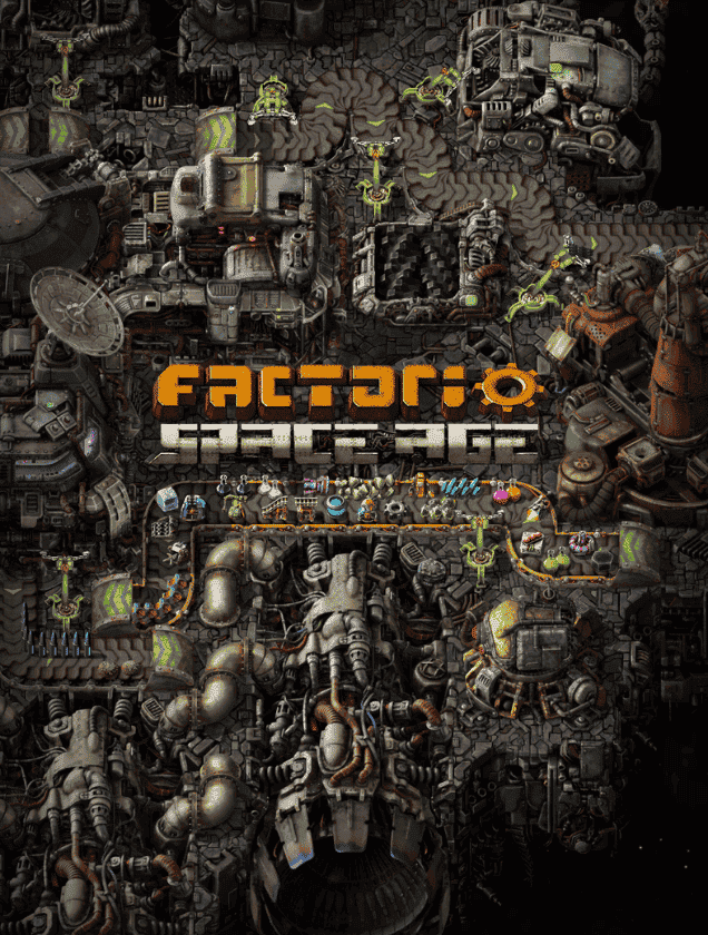 Complex factory machinery and conveyor belts from Factorio Space Age, representing reliable Factorio dedicated server hosting.
