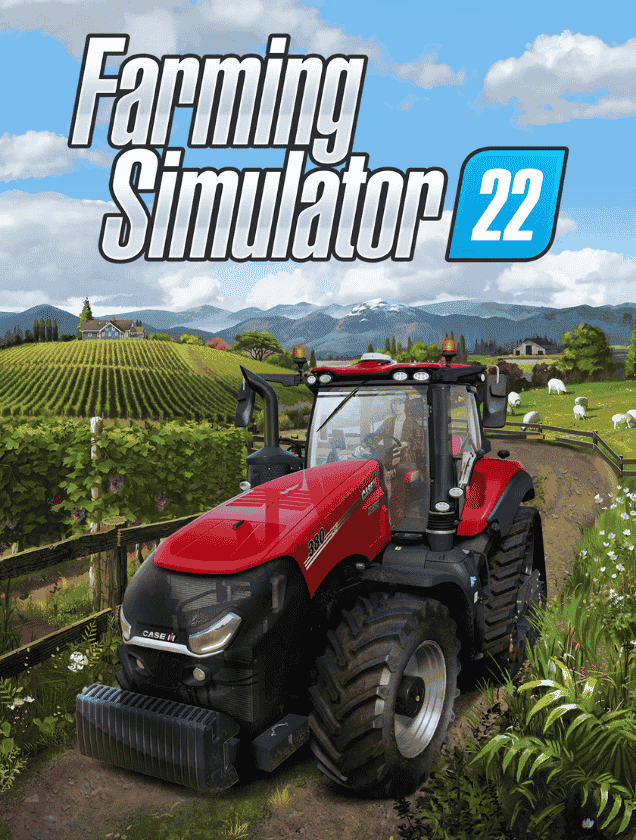 A red tractor driving past a scenic vineyard, representing Farming Simulator 22 dedicated multiplayer server hosting.