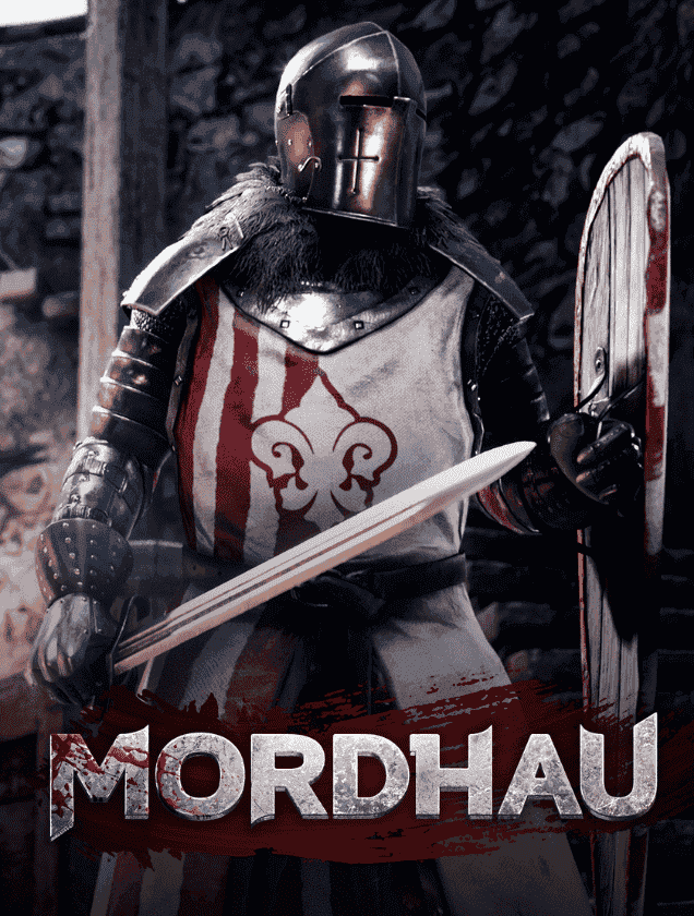 A medieval knight holding a bloodied sword and shield, representing Mordhau dedicated multiplayer server hosting.