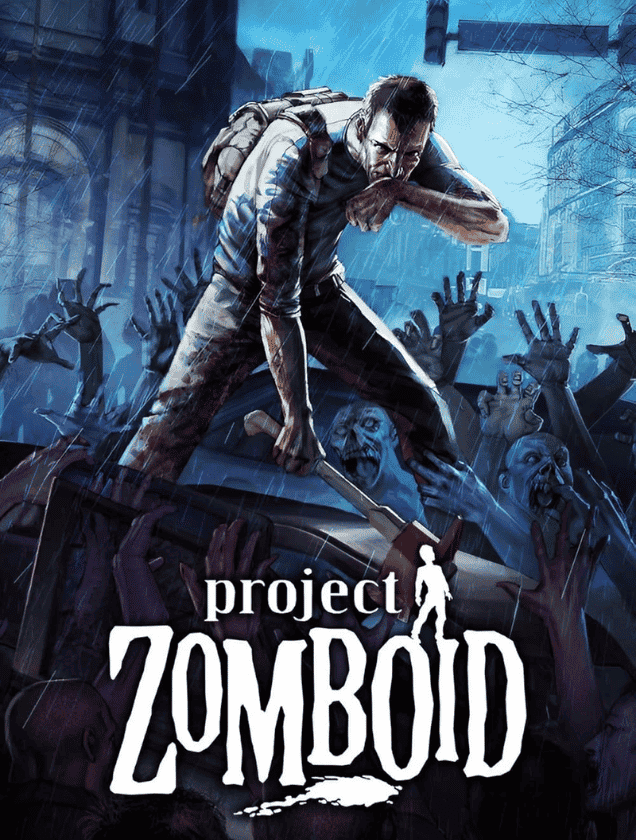 A lone survivor fighting a massive zombie horde, representing Project Zomboid multiplayer server hosting.