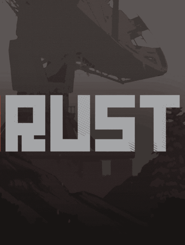 Rust game logo against a dark industrial background, representing dedicated Rust server hosting.