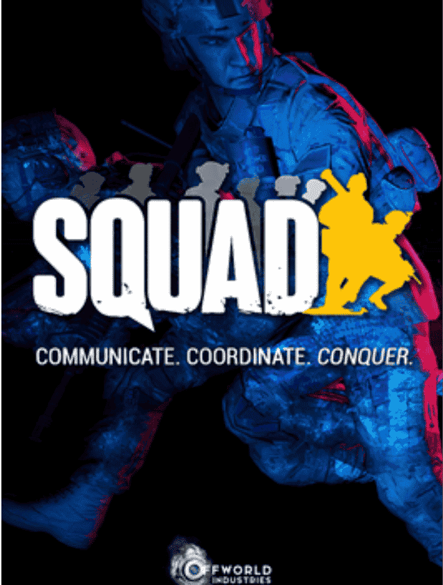 Modern military soldiers in combat gear with the Squad logo, representing tactical Squad multiplayer server hosting.