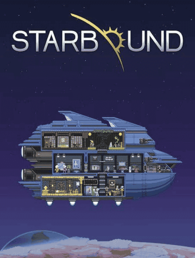 A blue spaceship with visible interior rooms orbiting a planet, representing Starbound multiplayer server hosting.