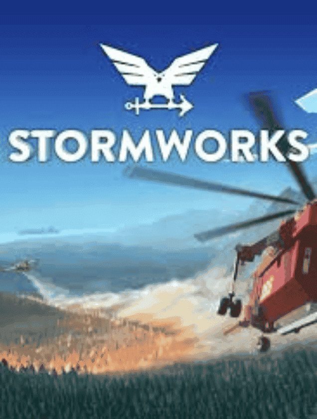 A red rescue helicopter flying over a burning forest, representing Stormworks Build and Rescue dedicated server hosting.