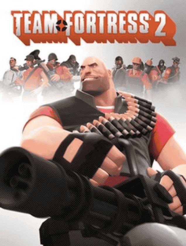 The Heavy character holding a minigun with his team in the background, representing Team Fortress 2 dedicated server hosting.