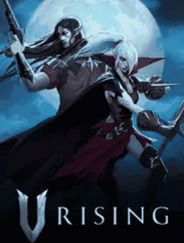 Two vampires holding weapons against a large full moon, representing dedicated V Rising multiplayer server hosting.