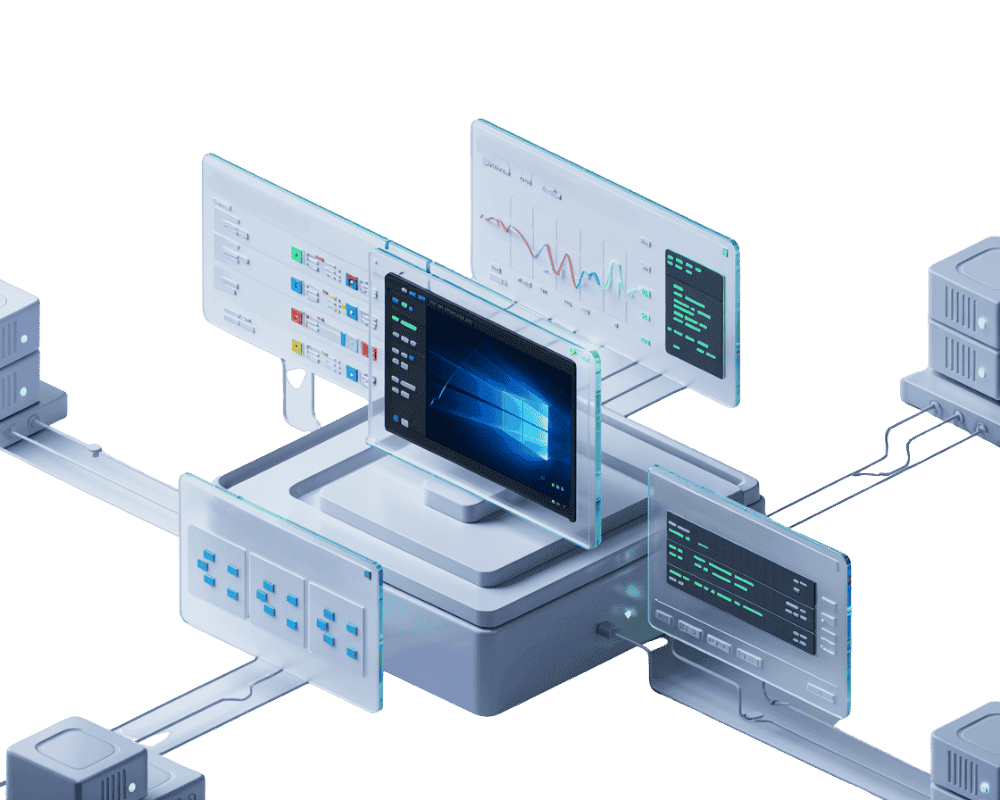 Owrbit Lifetime Windows VPS features showing Remote Desktop Connection, IIS Manager, and PowerShell.