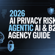 A professional, dark blue tech-themed blog thumbnail with a digital dashboard aesthetic. Large white and light blue text reads '2026 AI PRIVACY RISKS: AGENTIC AI & B2B AGENCY GUIDE'. The design features cybersecurity elements including a glowing wireframe brain connected to data circuits, a padlock icon, and a digital shield, representing data protection and secure AI.