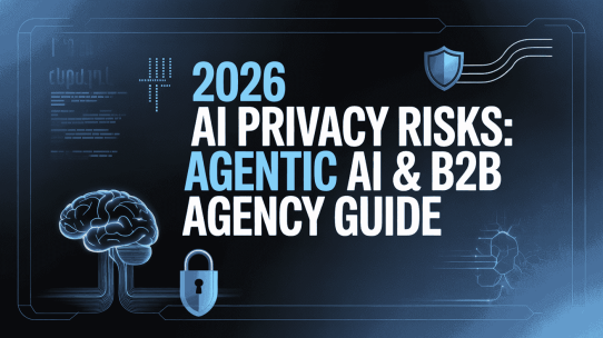 A professional, dark blue tech-themed blog thumbnail with a digital dashboard aesthetic. Large white and light blue text reads '2026 AI PRIVACY RISKS: AGENTIC AI & B2B AGENCY GUIDE'. The design features cybersecurity elements including a glowing wireframe brain connected to data circuits, a padlock icon, and a digital shield, representing data protection and secure AI.