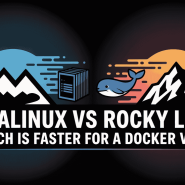 A simple, stylized vector illustration within a black circular frame, split by a central dividing line with a "VS". On the left side (blue/teal): a stylized mountain range with a server block below it. The text "ALMALINUX" is above the mountain. On the right side (yellow/orange): a matching mountain with a stylized whale breaching (the Docker logo) below it. The text "ROCKY LINUX" is above the mountain. Text at the bottom: "WHICH IS FASTER FOR A DOCKER VPS?". Dark background.