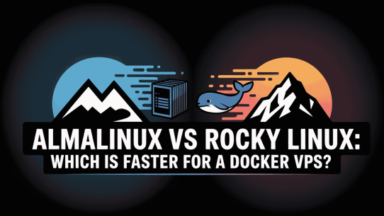 A simple, stylized vector illustration within a black circular frame, split by a central dividing line with a "VS". On the left side (blue/teal): a stylized mountain range with a server block below it. The text "ALMALINUX" is above the mountain. On the right side (yellow/orange): a matching mountain with a stylized whale breaching (the Docker logo) below it. The text "ROCKY LINUX" is above the mountain. Text at the bottom: "WHICH IS FASTER FOR A DOCKER VPS?". Dark background.