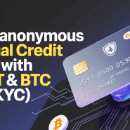 A promotional graphic and thumbnail featuring bold white and yellow text that reads, "Best anonymous Virtual Credit Card with USDT & BTC (No KYC)". To the right, a gray virtual credit card with a shield logo, a chip, and Mastercard and USDT logos floats over a circuit board background with floating blue pods.