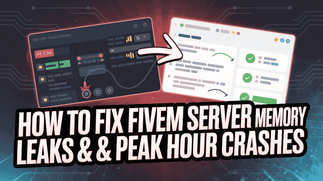 A diagram with a red arrow converting a dark-themed computer screen (FiveM interface) with red elements into a light-themed screen with checkmarks, explaining how to fix FiveM server memory leaks and peak hour crashes.