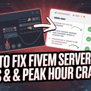 A diagram with a red arrow converting a dark-themed computer screen (FiveM interface) with red elements into a light-themed screen with checkmarks, explaining how to fix FiveM server memory leaks and peak hour crashes.