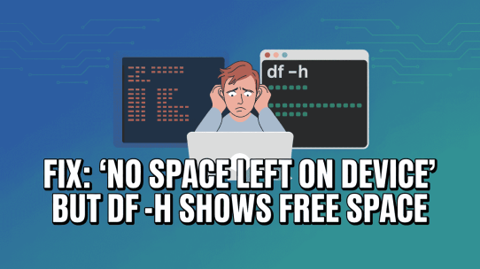 A digital illustration of a stressed developer holding his head between two computer terminal windows running the df -h command, with the text 