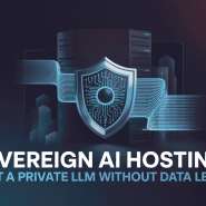 A streamlined technical diagram on a dark blue gradient background. A stylized, simplified server block is positioned in the center, behind a large, central metallic shield with detailed circuit patterns. This core structure is flanked by two stylized city skylines. Large white and light blue text below the graphic reads: "SOVEREIGN AI HOSTING: HOST A PRIVATE LLM WITHOUT DATA LEAKS."