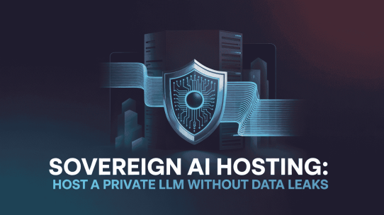 A streamlined technical diagram on a dark blue gradient background. A stylized, simplified server block is positioned in the center, behind a large, central metallic shield with detailed circuit patterns. This core structure is flanked by two stylized city skylines. Large white and light blue text below the graphic reads: "SOVEREIGN AI HOSTING: HOST A PRIVATE LLM WITHOUT DATA LEAKS."