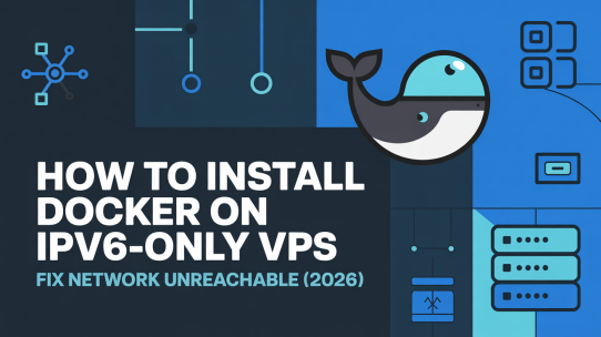 Flat design graphic showing a stylized Docker whale logo with a helmet on a dark blue background with abstract circuit nodes. Includes title text: 'How to Install Docker on IPv6-Only VPS' and 'Fix Network Unreachable (2026)'.