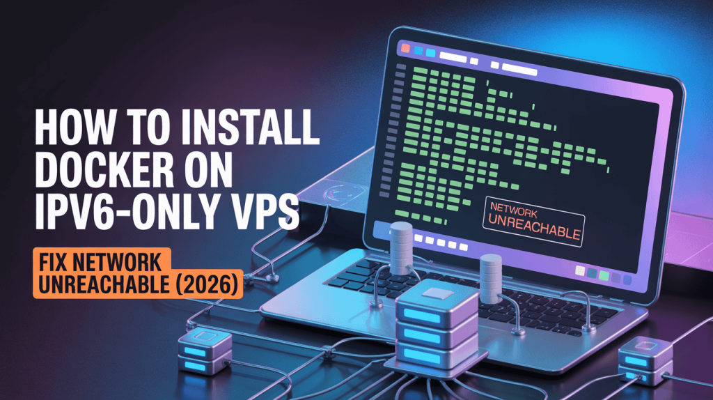High-tech isometric 3D illustration of a server network connected to a laptop displaying 'Network Unreachable' code, with title text: 'How to Install Docker on IPv6-Only VPS' and 'Fix Network Unreachable (2026)'.