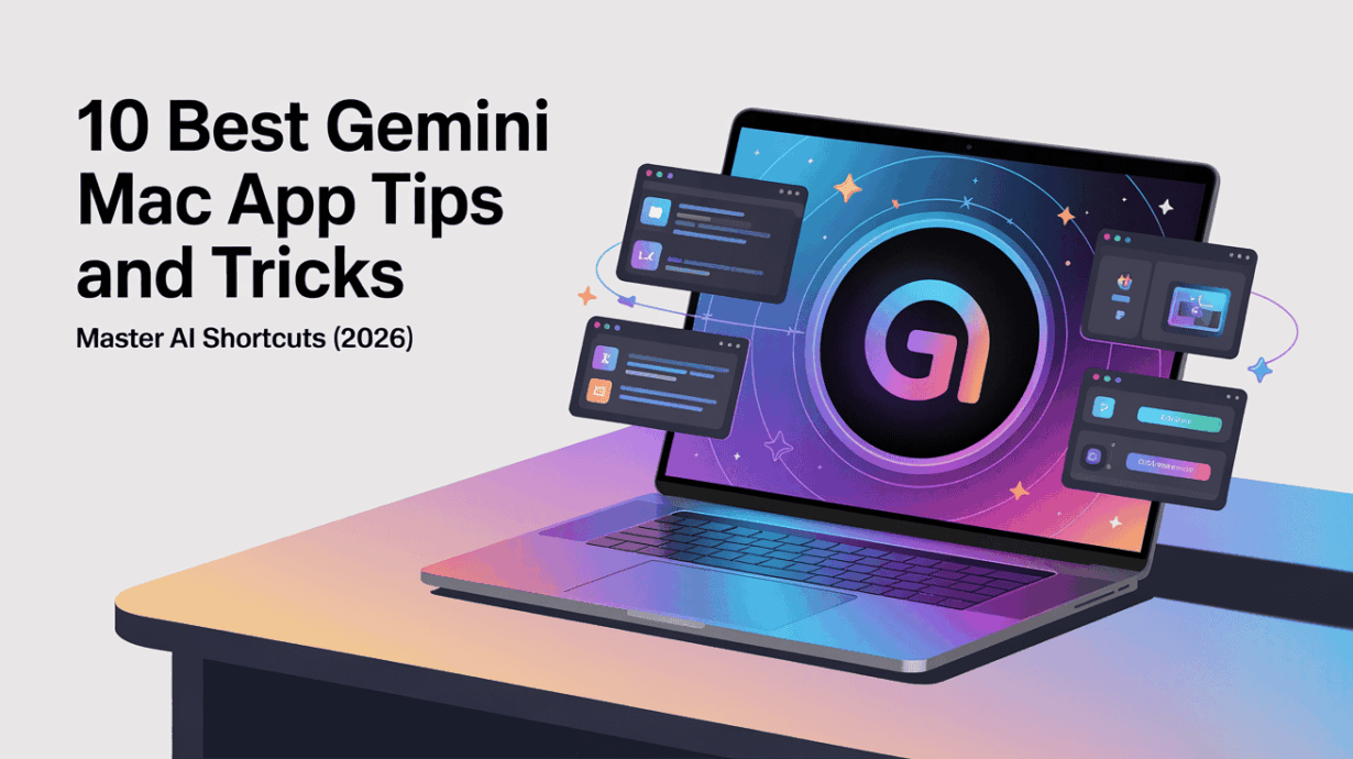 A modern digital illustration of an open MacBook with the Gemini logo and floating productivity windows, titled: "10 Best Gemini Mac App Tips and Tricks (2026)."