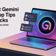 A modern digital illustration of an open MacBook with the Gemini logo and floating productivity windows, titled: "10 Best Gemini Mac App Tips and Tricks (2026)."