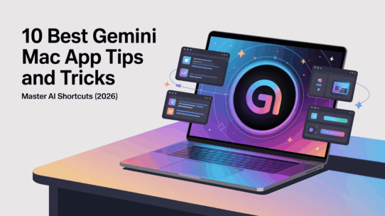 A modern digital illustration of an open MacBook with the Gemini logo and floating productivity windows, titled: "10 Best Gemini Mac App Tips and Tricks (2026)."