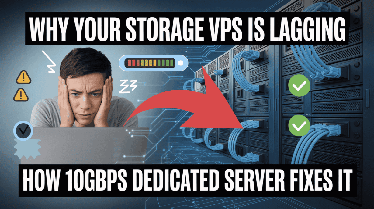 A frustrated IT professional staring at a lagging laptop, with a red arrow pointing to a high-speed server rack, illustrating why a storage VPS lags and how a 10Gbps dedicated server fixes it.
