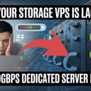 A frustrated IT professional staring at a lagging laptop, with a red arrow pointing to a high-speed server rack, illustrating why a storage VPS lags and how a 10Gbps dedicated server fixes it.