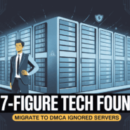 A tech founder standing in front of secure, protected offshore server racks, illustrating why high-revenue businesses move to DMCA ignored infrastructure.