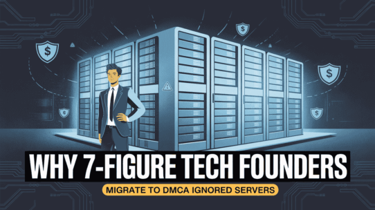 A tech founder standing in front of secure, protected offshore server racks, illustrating why high-revenue businesses move to DMCA ignored infrastructure.