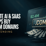 A 3D .com premium domain icon with cash and a rising stock chart on a computer screen, illustrating how premium domain startup valuation impacts VC funding and financial growth for SaaS companies.