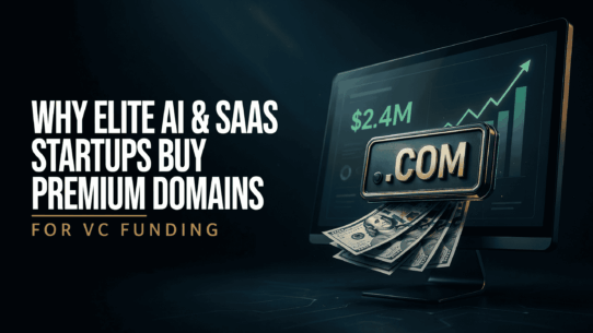 A 3D .com premium domain icon with cash and a rising stock chart on a computer screen, illustrating how premium domain startup valuation impacts VC funding and financial growth for SaaS companies.