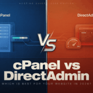 A side-by-side technical graphic comparing server file management in cPanel against the high-speed CPU efficiency and domain routing capabilities of DirectAdmin.