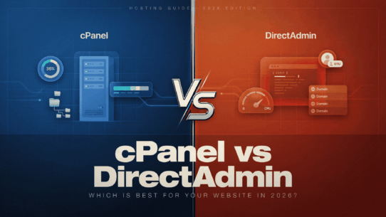 A side-by-side technical graphic comparing server file management in cPanel against the high-speed CPU efficiency and domain routing capabilities of DirectAdmin.