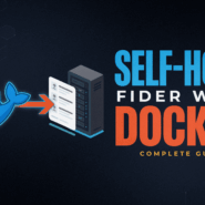 Technical blog cover template highlighting self-hosting Fider with Docker by mapping structural source code scripts from a repository into an isolated web engine docker container environment.