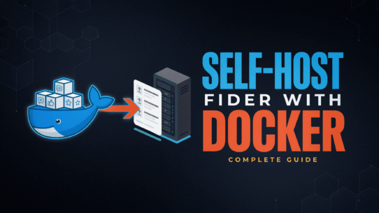 Technical blog cover template highlighting self-hosting Fider with Docker by mapping structural source code scripts from a repository into an isolated web engine docker container environment.