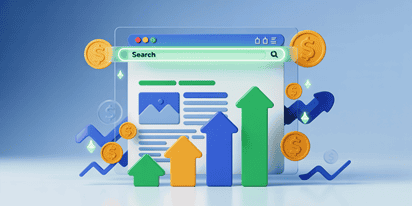 A graphic representing growth in website traffic and content engagement, with a magnifying glass over a document, symbolizing SEO copywriting success.